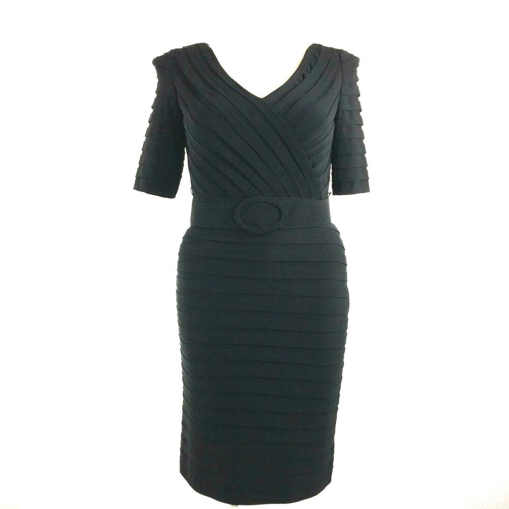 Adrianna Papell Dress‎ 10 Black Tiered Sheath Short Sl Below Knee Belt NICE